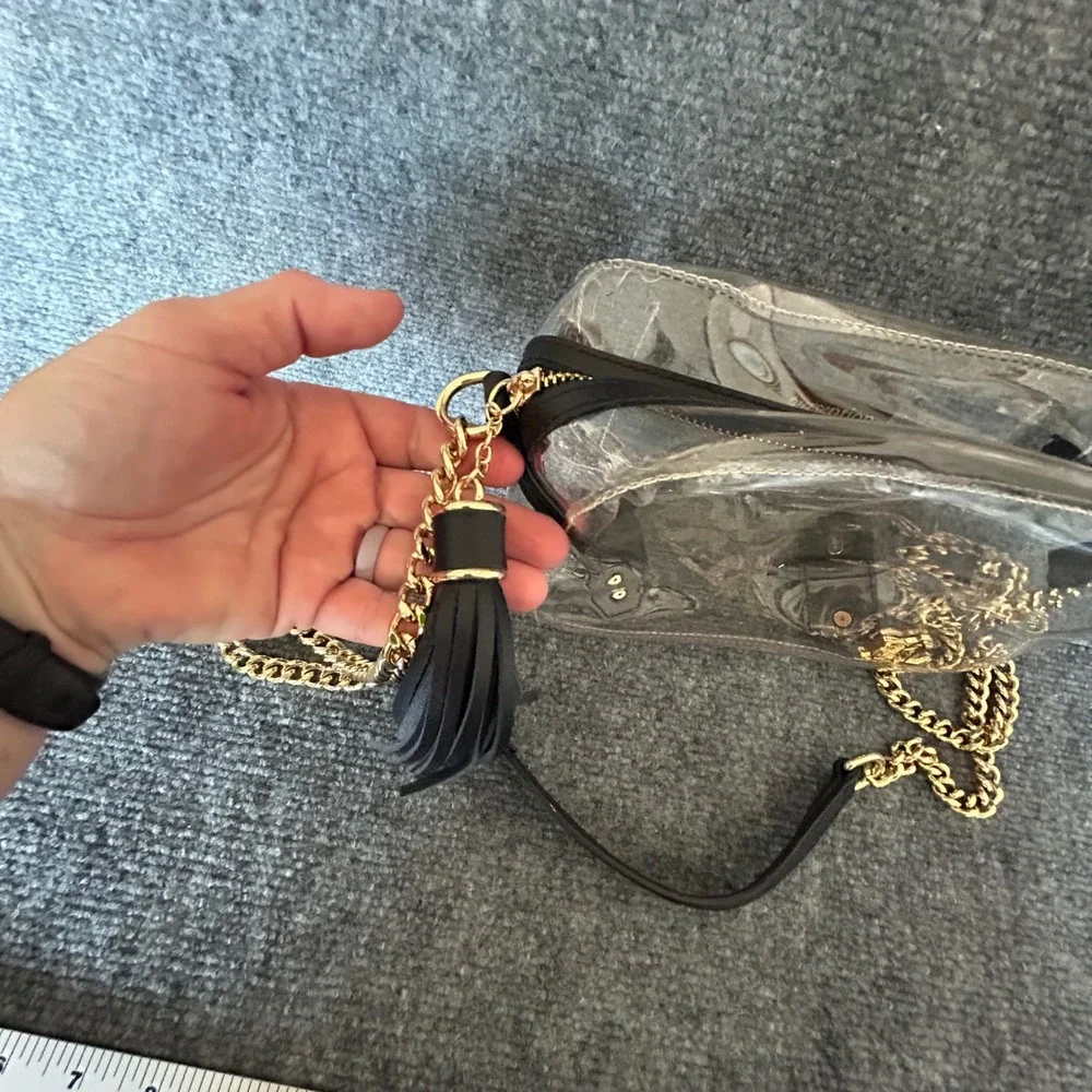 Purseption by B+L Clear Vinyl Crossbody Bag Stadium Approved Gold Chain Tassel